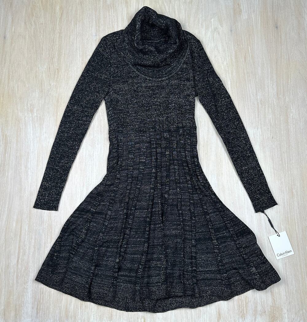NWT Calvin Klein Cowl Neck Fit & Flare Marled Knit Casual Sweater Dress Medium